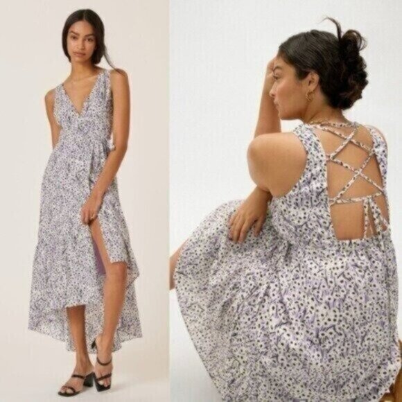 Anthropologie Hutch Elisabet High Low Strappy Back Purple Floral Wrap Dress Sz S - Picture 1 of 9